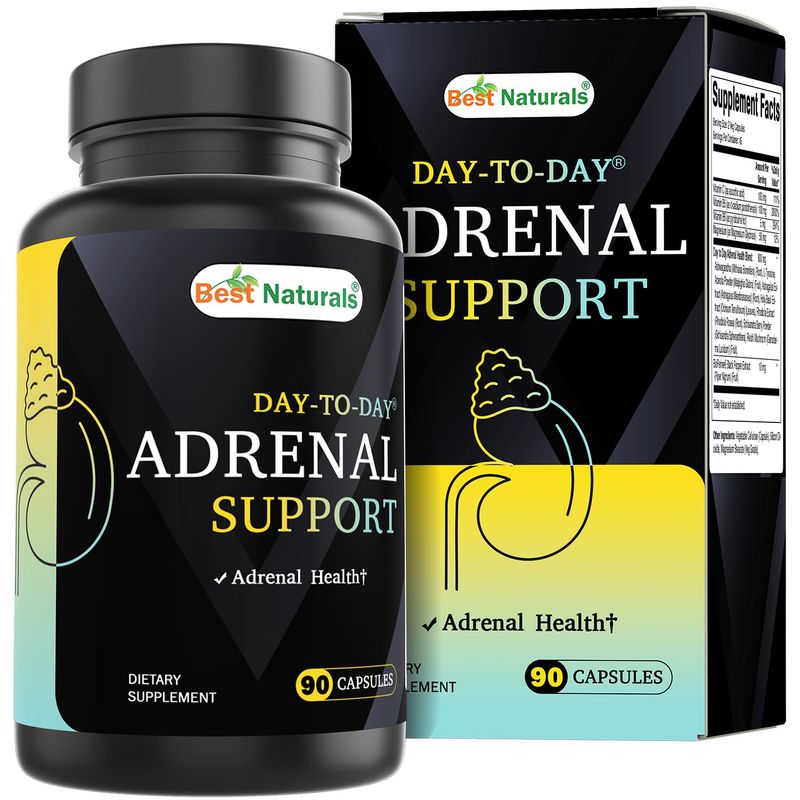 Best Naturals Day-to-Day Adrenal Support Supplements - 90 Veg Capsules - Made with Ashwagandha, L-Tyrosine, Magnesium, Rhodiola Holy Basil Bioperine