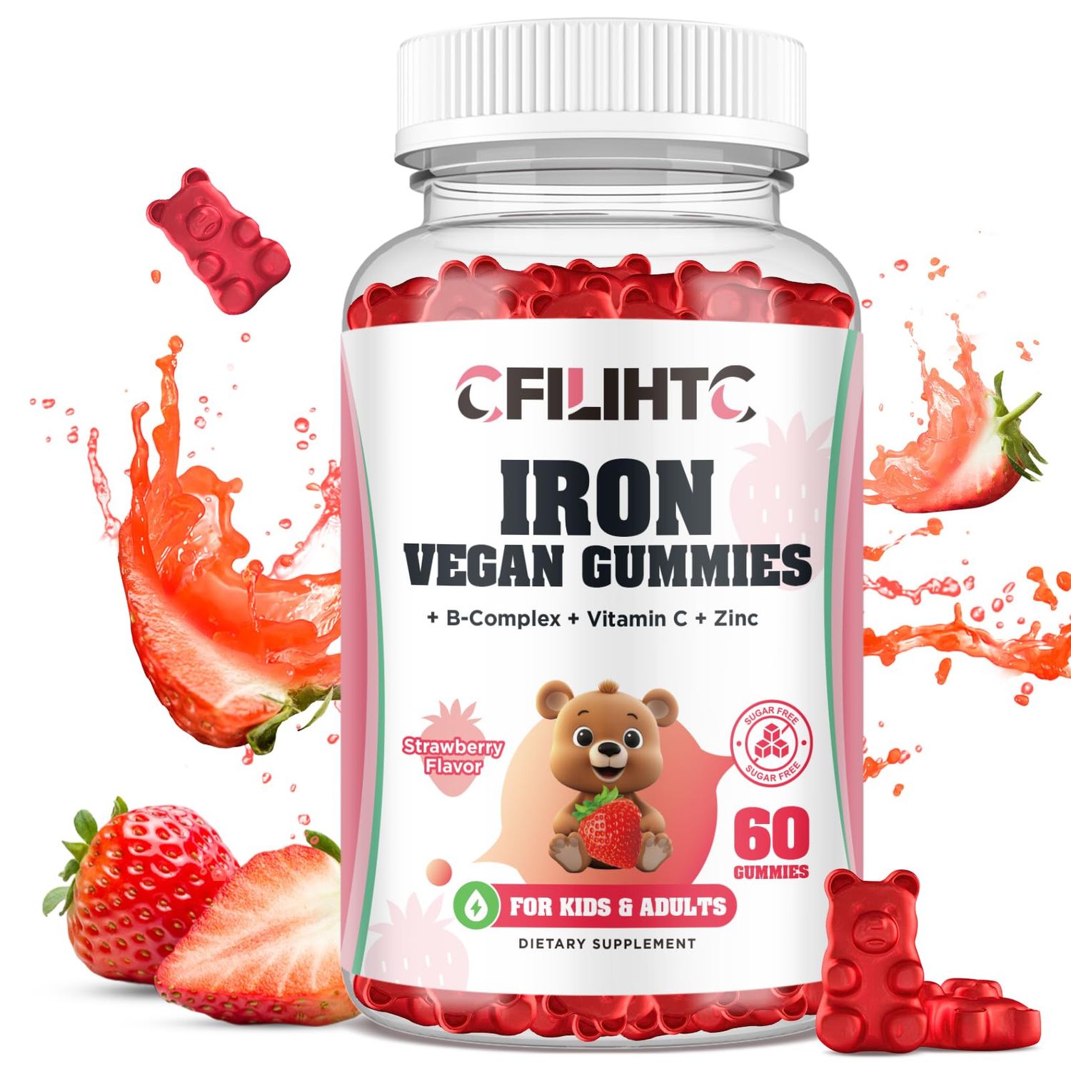 Iron Gummies for Kids, Women Men, Iron Supplement with Multivitamin - Vitamin B Complex, C, B6, B12, Folate, Zinc for Anemia, Iron Deficiency, Blood Builder, Energy - Strawberry Flavor, Vegan 60ct