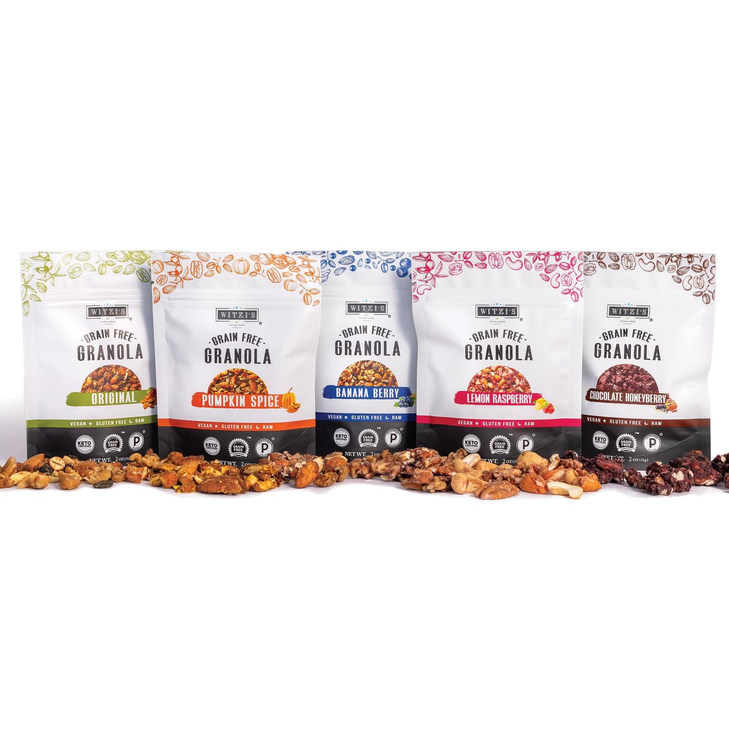 Witzi&#39;s Grain Free Granola, Variety Pack, 2oz (Pack of 5), Vegan, Keto, Low Carb, Gluten Free, Grain Free, Healthy Breakfast Idea