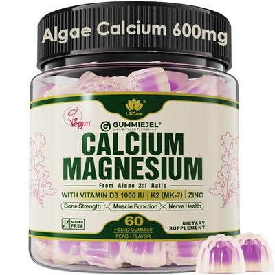 Plant Based Calcium Supplement 600mg with Vitamin D3 K2, Zinc for Bone Strength, Calcium Gummies for Women (Certified Vegan) Sustainably Sourced Algae Calcium Magnesium 2:1 Ratio, Sugar Free - 60 Cts