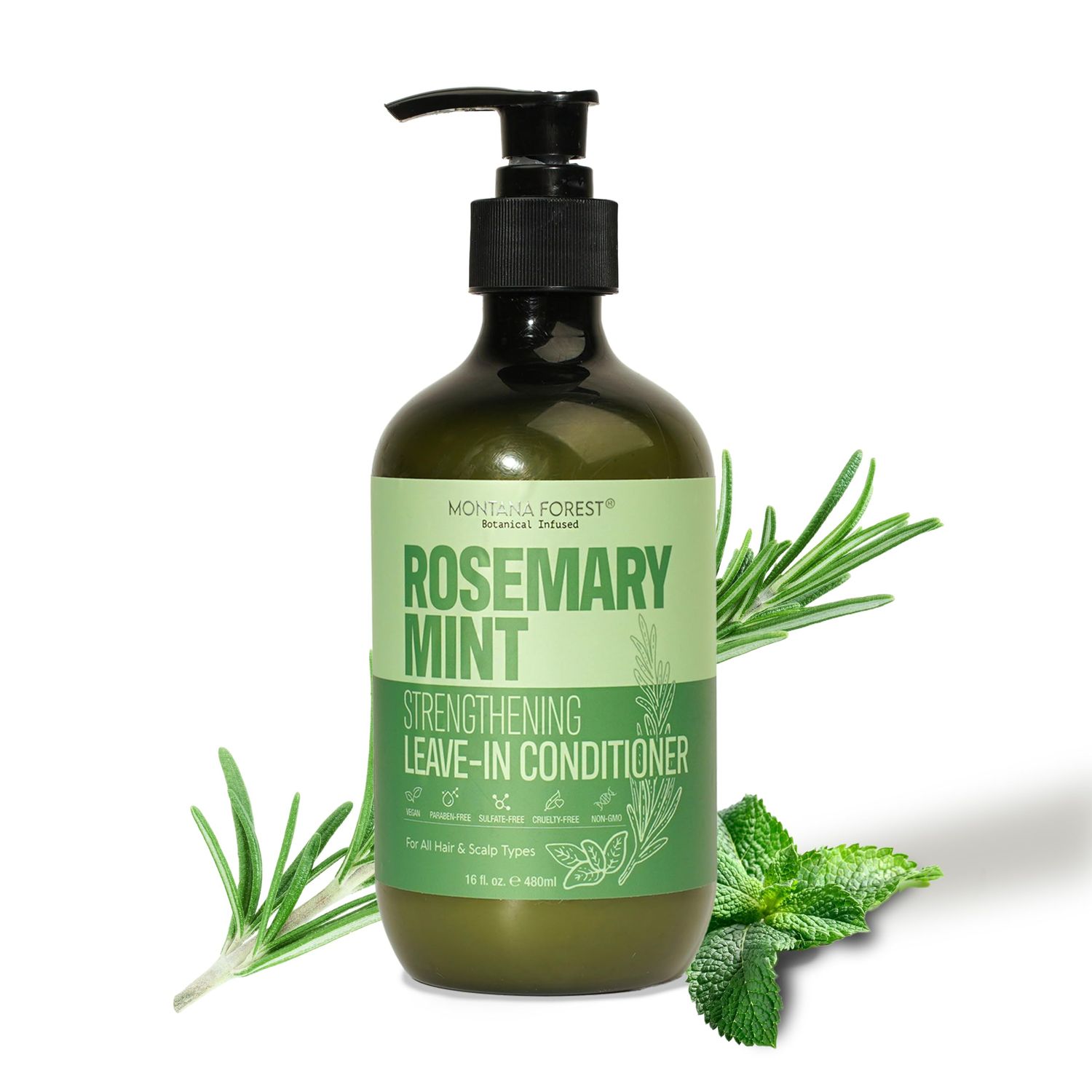 MONTANA FOREST Rosemary Mint Strengthening Leave-In Conditioner - 16 fl oz Natural Botanical Hair Care Nourishing and Strengthening for All Hair Types Sulfate-Free, Paraben-Free, and Non-GMO