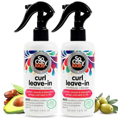 SoCozy Leave In Conditioner Spray (8 Fl Oz, Pack of 2) Detangler for Kids&#39; Curly Hair, Tangle-Free Curls, Gentle Nourishing with Keratin, Vitamin B5, Olive Jojoba Oil, Paraben-Free
