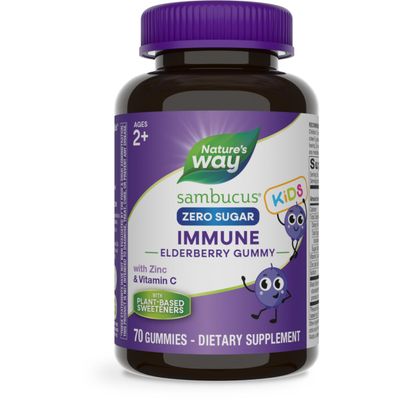 Nature&#39;s Way Sambucus Zero Sugar Immune Gummies for Kids, Daily Immune Support, Black Elderberry Extract, Vitamin C, Zinc, No Sugar Alcohols, Plant-Based Sweeteners, 70 Gummies