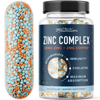 Zinc Supplement Microbeadlets for Immune Acne Support Highly Absorbable Zinc Bisglycinate Orotate with 2mg Chelated Copper Vitamin B6 Vegan, Gluten-Free 60 Capsules (2 Month Supply)