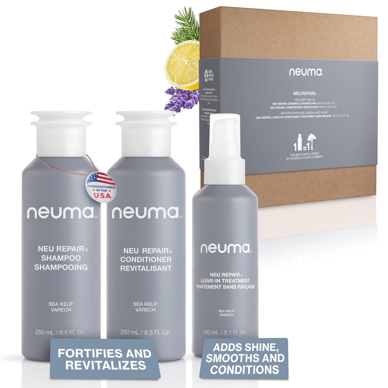 Neuma Neu Repair Bundle, Repair Shampoo (8.5 Fl. Oz.), Repairing Conditioner (8.5 Fl. Oz.), and Leave-In Treatment (5.1 Fl. Oz.), Nourishes, Strengthens, Moisturizes, Lavender Fir Needle Scent