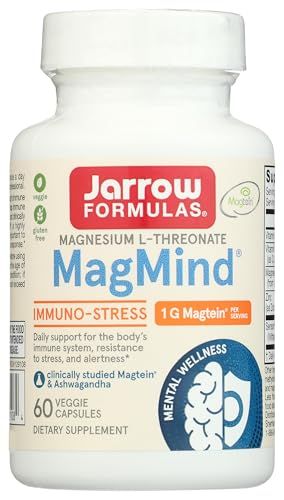 Jarrow Formulas Magnesium L-Threonate, MagMind Immuno-Stress, Dietary Supplement Featuring Ashwagandha and Immunity Support, Vitamins C D, 60 Capsules, Up to a 30 Day Supply