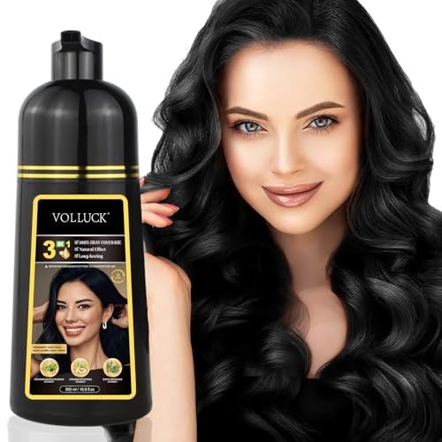 VOLLUCK Hair Dye Shampoo, Hair Dye Shampoo 3 in 1 Long Lasting Gray Hair Coverage for Women Men (Black)