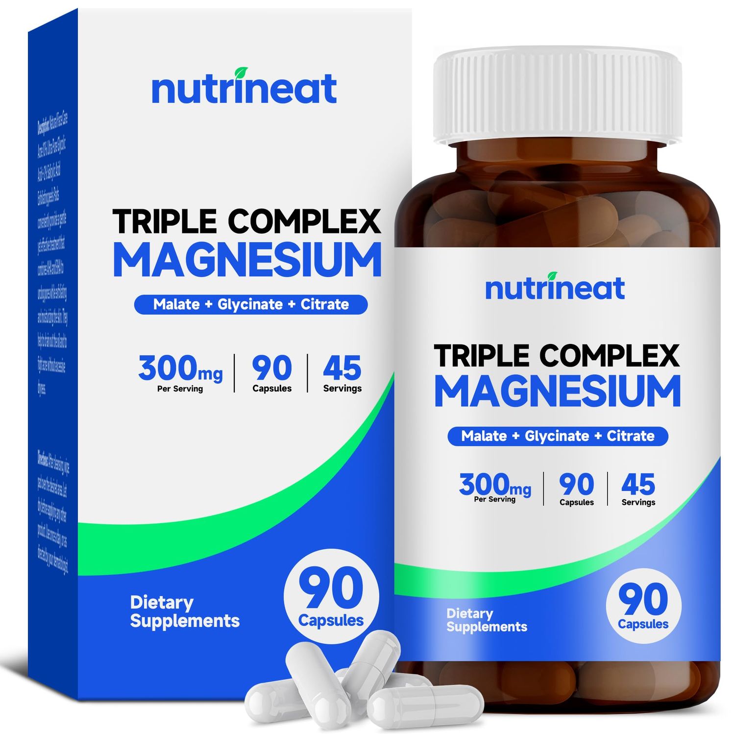 NutriNeat Triple Magnesium Complex (90 Capsules), 300mg of Magnesium Glycinate, Citrate Malate for Muscles, Nerves, Energy, High Absorption, Vegan, Non-GMO