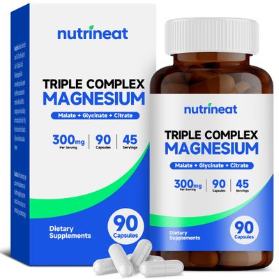 NutriNeat Triple Magnesium Complex (90 Capsules), 300mg of Magnesium Glycinate, Citrate Malate for Muscles, Nerves, Energy, High Absorption, Vegan, Non-GMO