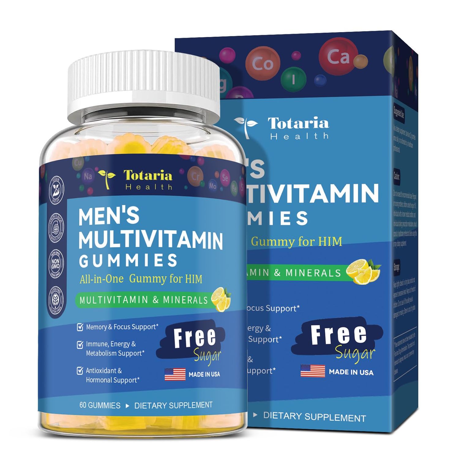 Totaria Sugar Free Men&#39;s Multivitamin Gummies wVegan Omega 3, Vitamin A, B, C, E, D3, K, Zinc, Daily Methylated Multivitamins for Men, Multiminerals, for Immunity, Energy, Lemon Flavor, 60 Counts