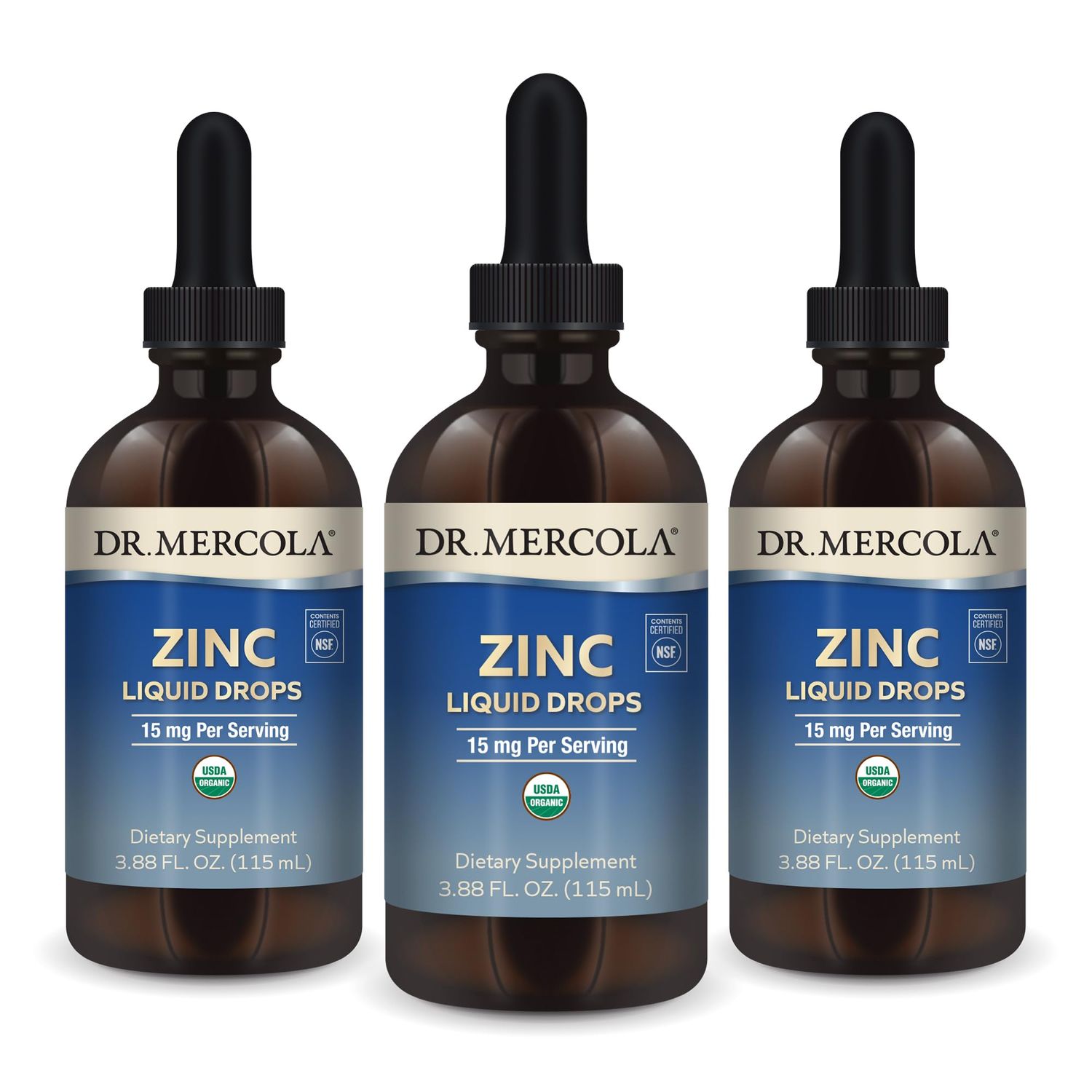 Dr. Mercola Zinc Liquid Drops, 3.88 Fl. Oz. (115 mL), 3-Pack (about 84 Servings), Dietary Supplement, 15mg Per Serving, Immune Support Cognitive Function, Certified USDA Organic