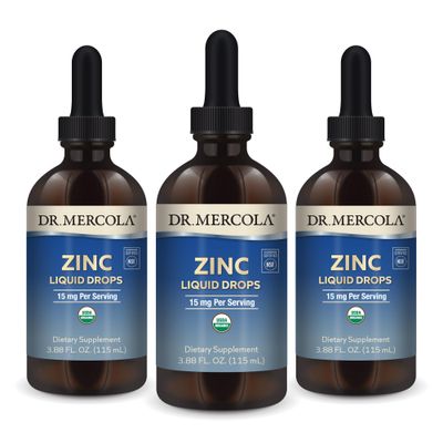 Dr. Mercola Zinc Liquid Drops, 3.88 Fl. Oz. (115 mL), 3-Pack (about 84 Servings), Dietary Supplement, 15mg Per Serving, Immune Support Cognitive Function, Certified USDA Organic