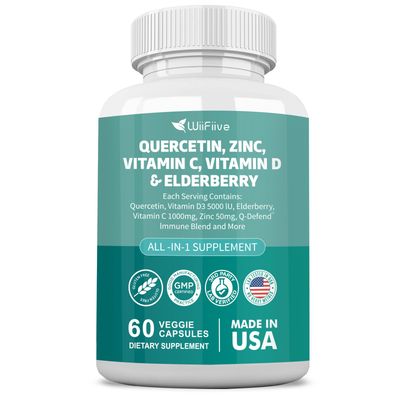 60 Count Quercetin 50 mg Zinc 1000 mg Vitamin C 5000 IU Vitamin D3 1000 mg Turmeric 1000 mg Elderberry with Q-Defend Immune Blend Reisshi Nettle Arteemisinin, Non-GMO, Free Supports Health