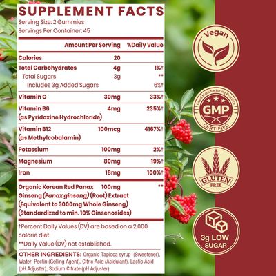 Sapotax Korean Red Panax Ginseng Supplement Gummies - Iron Supplements for Women Men - Iron Gummies with Vitamin C, B6, B12, Potassium Magnesium, Vegan - 90 Count