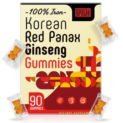 Sapotax Korean Red Panax Ginseng Supplement Gummies - Iron Supplements for Women Men - Iron Gummies with Vitamin C, B6, B12, Potassium Magnesium, Vegan - 90 Count