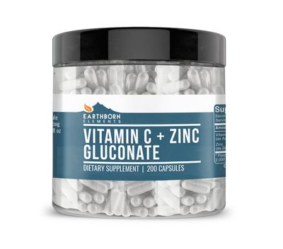 Earthborn Elements Vitamin C Plus Zinc Gluconate Supplement, (200 Capsules) Blended Health Support, Non-GMO, Gluten Free,