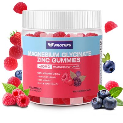 PROTKFU Magnesium Glycinate Gummies 600MG wZinc - Sugar Free High Absorption Zinc Magnesium Glycinate Supplement wVitamin D3 K2, Supports Bone Health, Nerve Immune Function