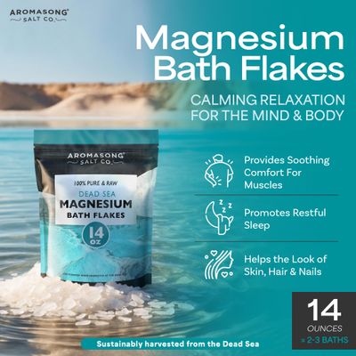 Aromasong Magnesium Flakes from The Dead Sea, 14 OZ. Resealable Pack- Muscle Relaxing Magnesium Chloride Bath Salts Soak.