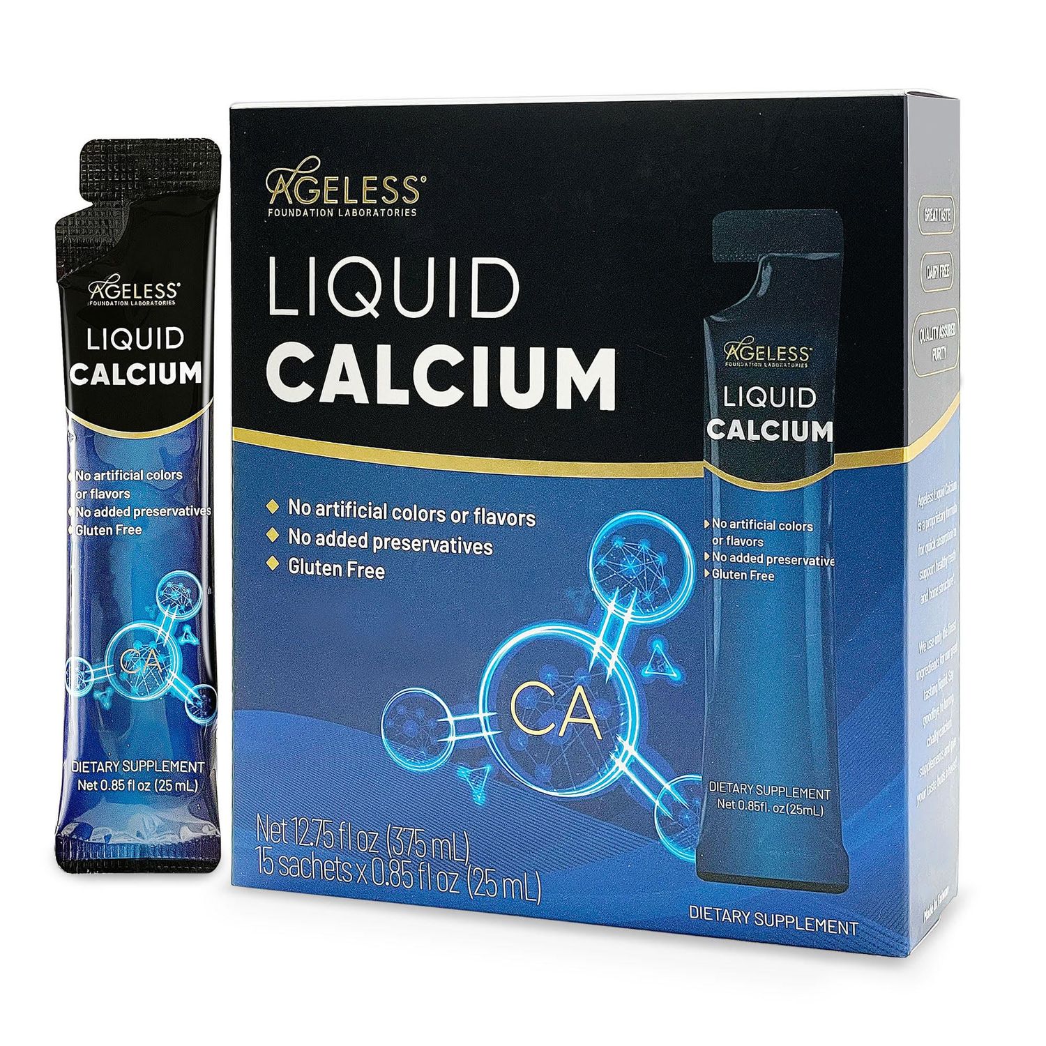 Ageless Liquid Calcium for Adults with Sea Bass Extract and Vitamin D8 - High Absorption Bone Strength Supplements, Natural Flavor, Gluten-Free - 25 ml (15 Count)
