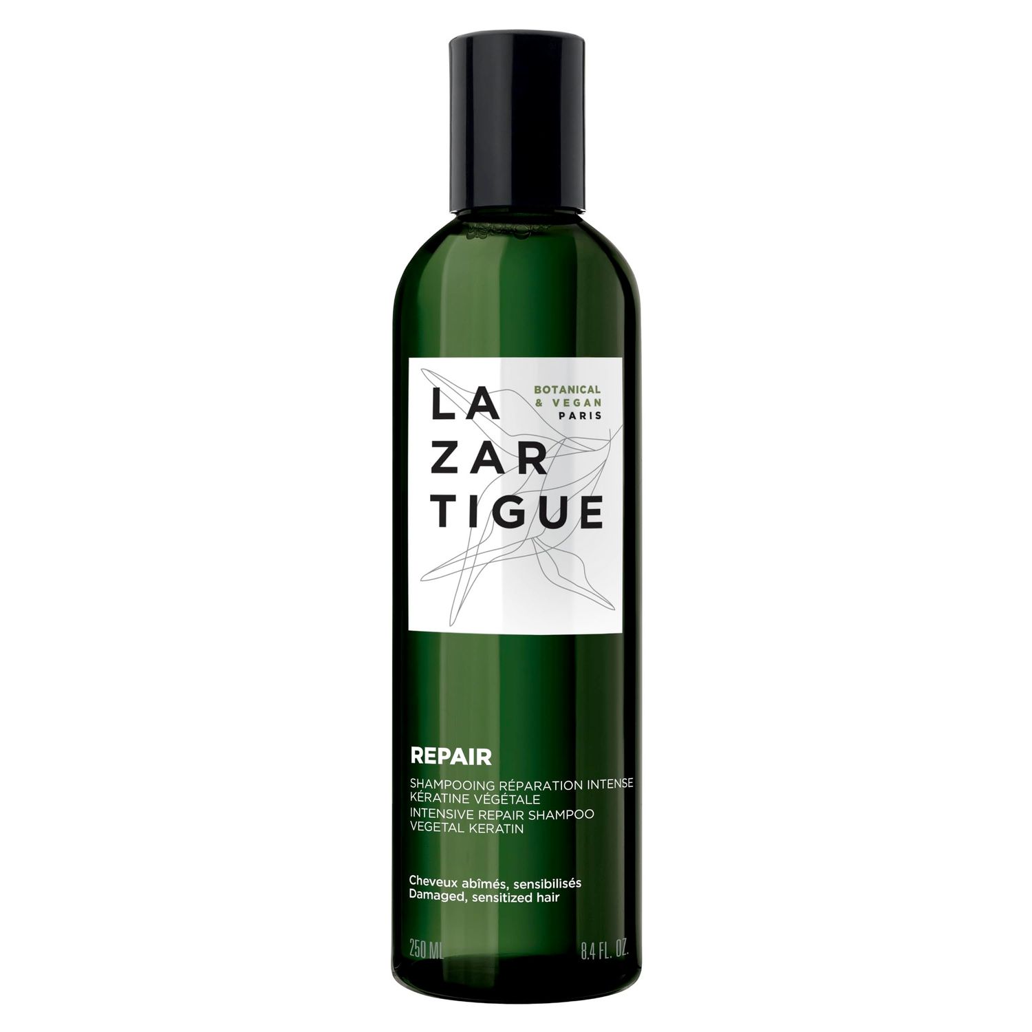 Lazartigue Repair Shampoo, Vegetal Keratin for Deep Repair Shine, Vegan, Sulfate-Free, Silicone-Free, for Damaged Hair, Vegan, Sulfate Silicone Free, 8.4 Fl. Oz.