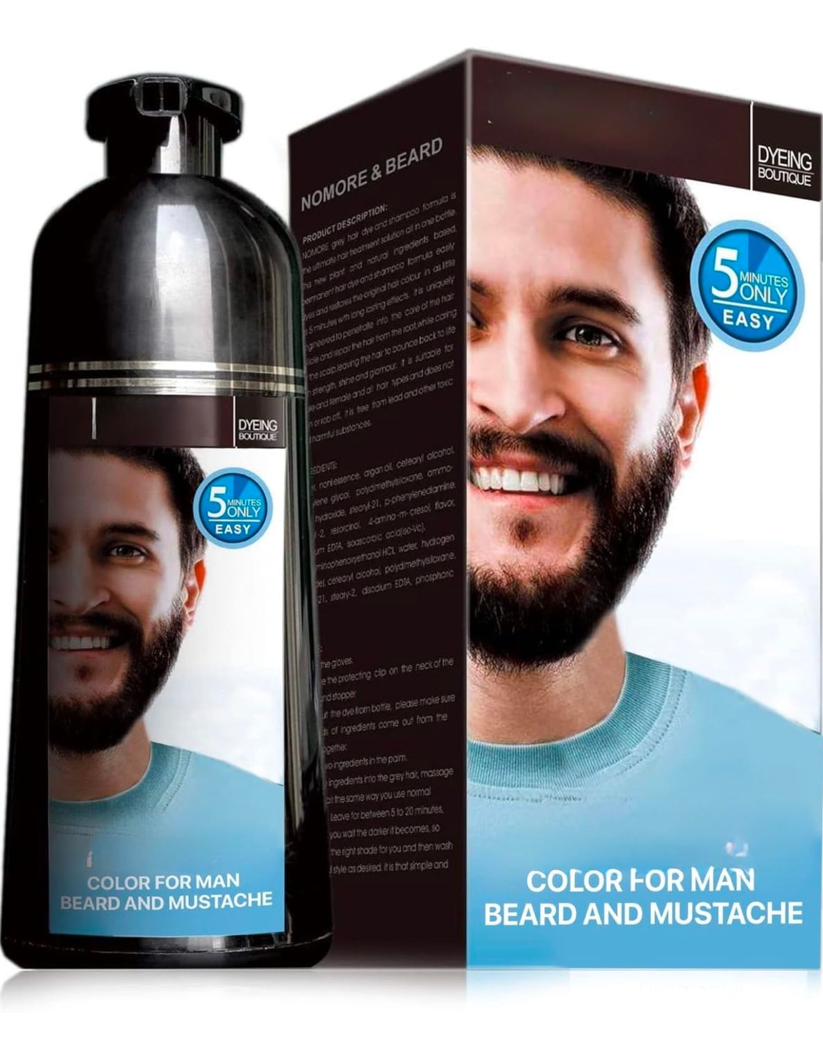 Black Hair Color Shampoo for Men&#39;s Mustache Beard - Gel, Permanent, 5-Minute Color Dye, Long-Lasting, Suitable for Black Hair, 200ML