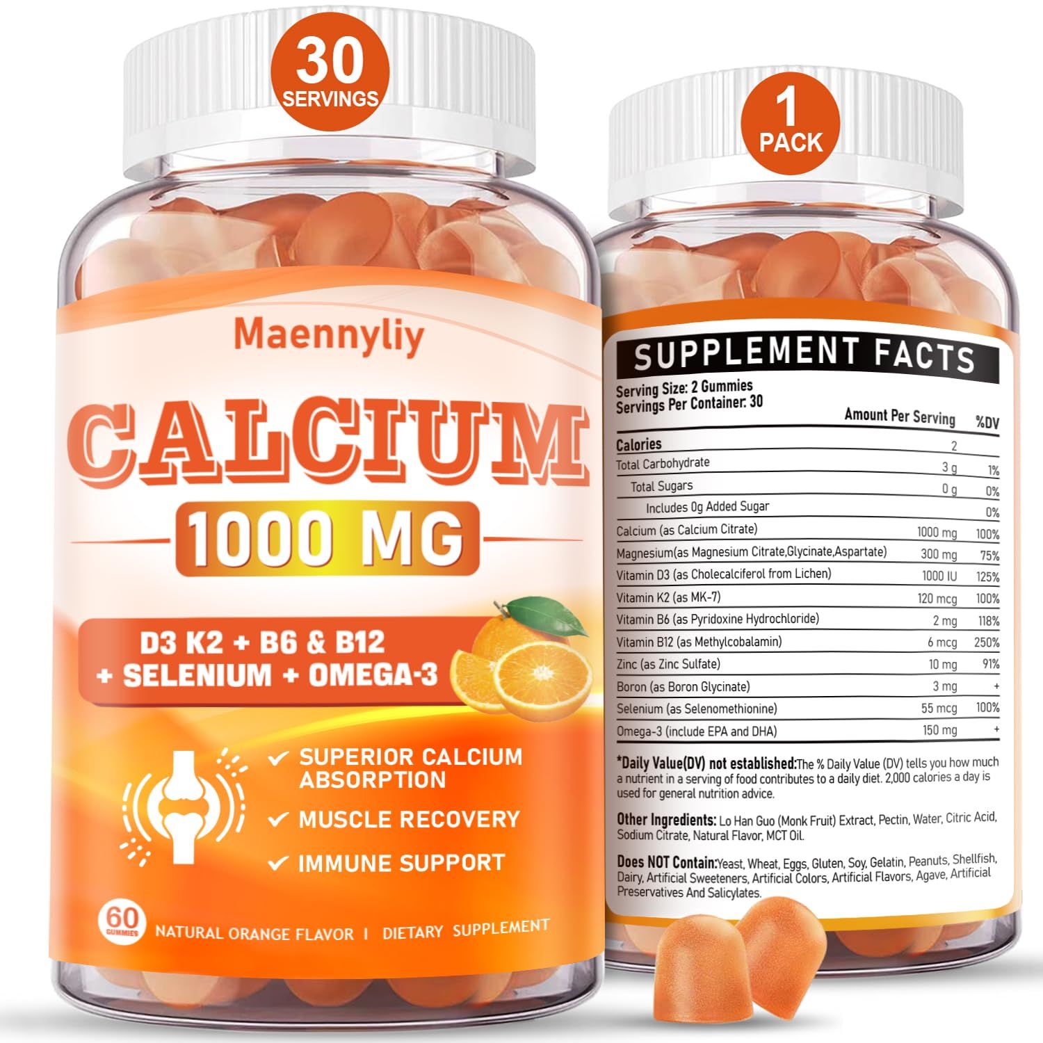 Calcium Citrate 1000 mg Supplement Gummies - Chelated Calcium Gummies Plus Vitamin D3, K2, B6, B12, Magnesium, Zinc, Boron, Selenium Omega-3 - Support B0ne Muscle Immune for Adults 60 Count