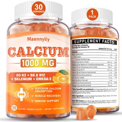 Calcium Citrate 1000 mg Supplement Gummies - Chelated Calcium Gummies Plus Vitamin D3, K2, B6, B12, Magnesium, Zinc, Boron, Selenium Omega-3 - Support B0ne Muscle Immune for Adults 60 Count