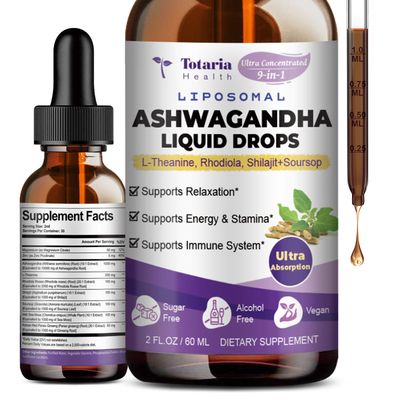 Totaria Liposomal Ashwagandha Liquid Drops (7 Withanolides) wSoursop Bitters, L-Theanine, Magnesium, Shilajit, Maximum Absorption, Natural Energy, Cortisol Health for Women Men, Non-GMO, 2 Fl Oz