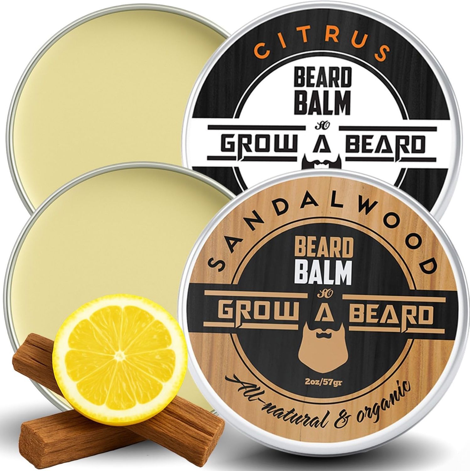 Beard Balm for Men, 2oz Sandalwood 2oz Citrus Scent, wJojoba Oil Shea Butter, Styling Cream for Men, Moisturizer Softener, Beard Care Leave in Conditioner (2 Pack)