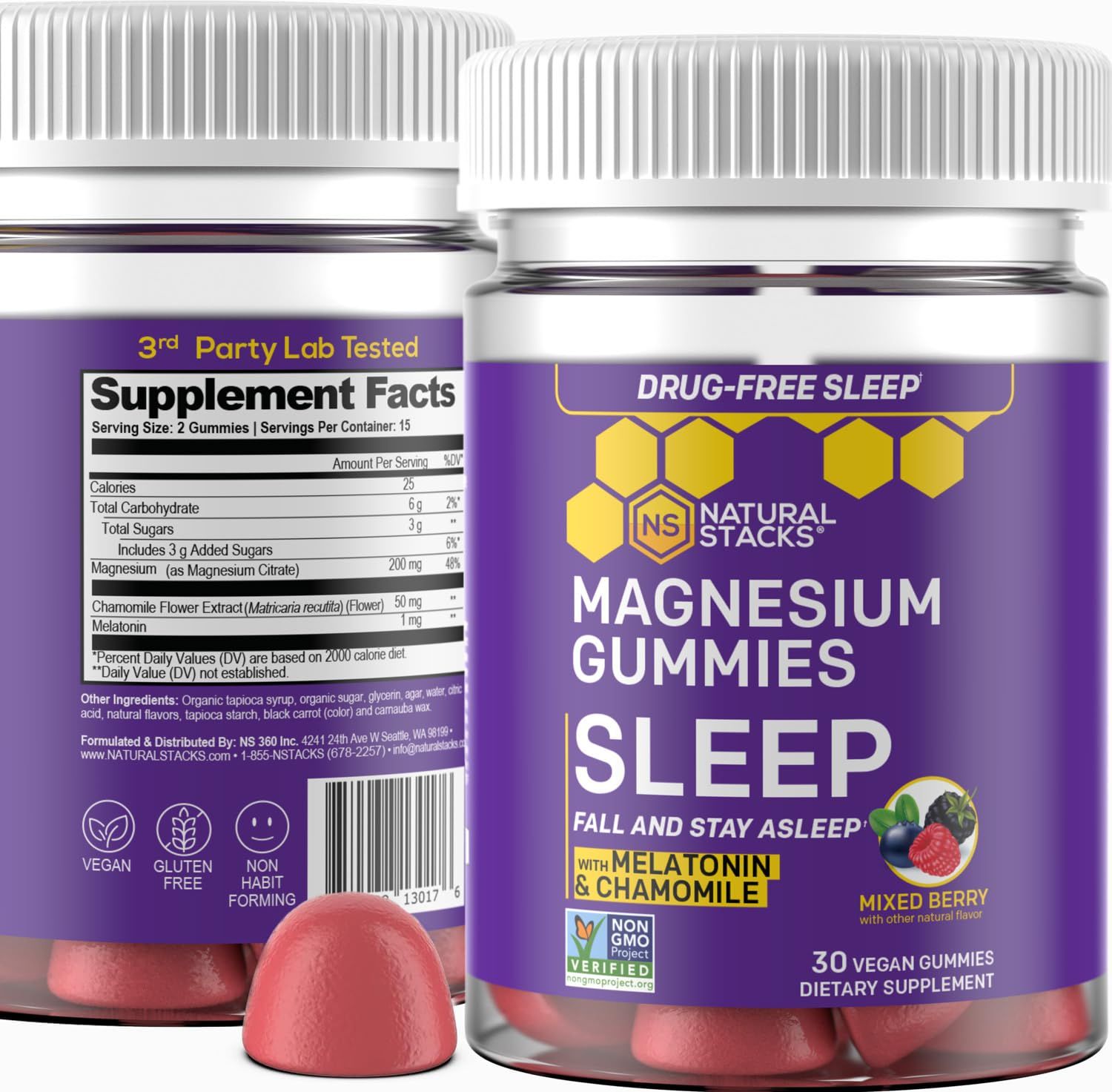 Sleep Magnesium Gummies with Melatonin - 200mg Magnesium Citrate - Melatonin Gummies for Sleep Quality - Nighttime Aid for Adults with Chamomile - 30 Mixed Berry Chewables