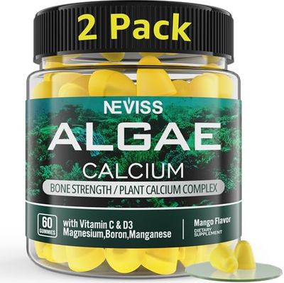 (2 Pack) Algae Calcium Gummies 600mg with Vitamin D3, C, Magnesium, Boron, Manganese, Plant-Based Calcium Supplement for Bone Health Strength, Minerals Complex, Gentle Digestion, Sugar Free, Vegan