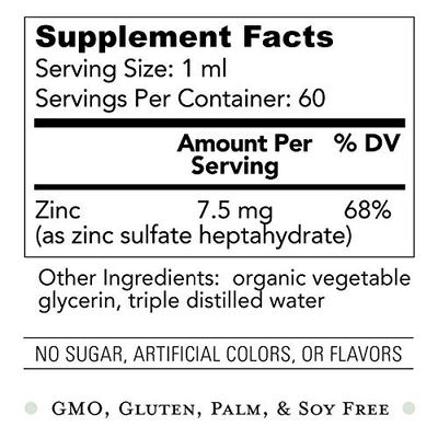 Organic Liquid Zinc Sulfate - Pure Zinc Supplements for Skin Health, Immune System Function and Normal Cell Growth in Adult Men Women - Non-GMO, Vegan 7.5mg - 2 Fl Oz