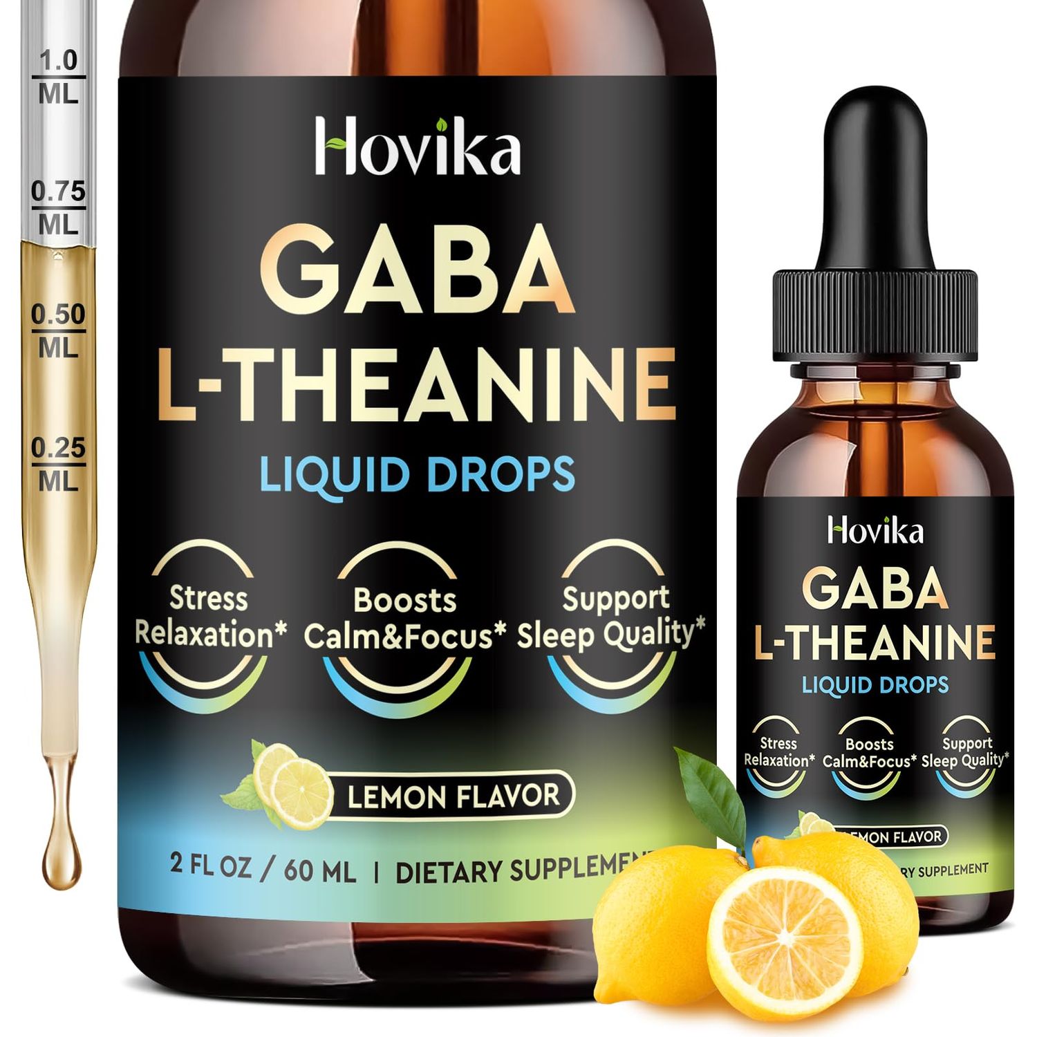GABA L-Theanine Drops - Liquid GABA L-Theanine Supplement with L-Theanine, Ashwagandha, Magnesium Glycinate, Vitamin C, B6 - Support Sleep, Relaxation, Calm Mood Focus - Lemon Flavor, 2 Fl Oz