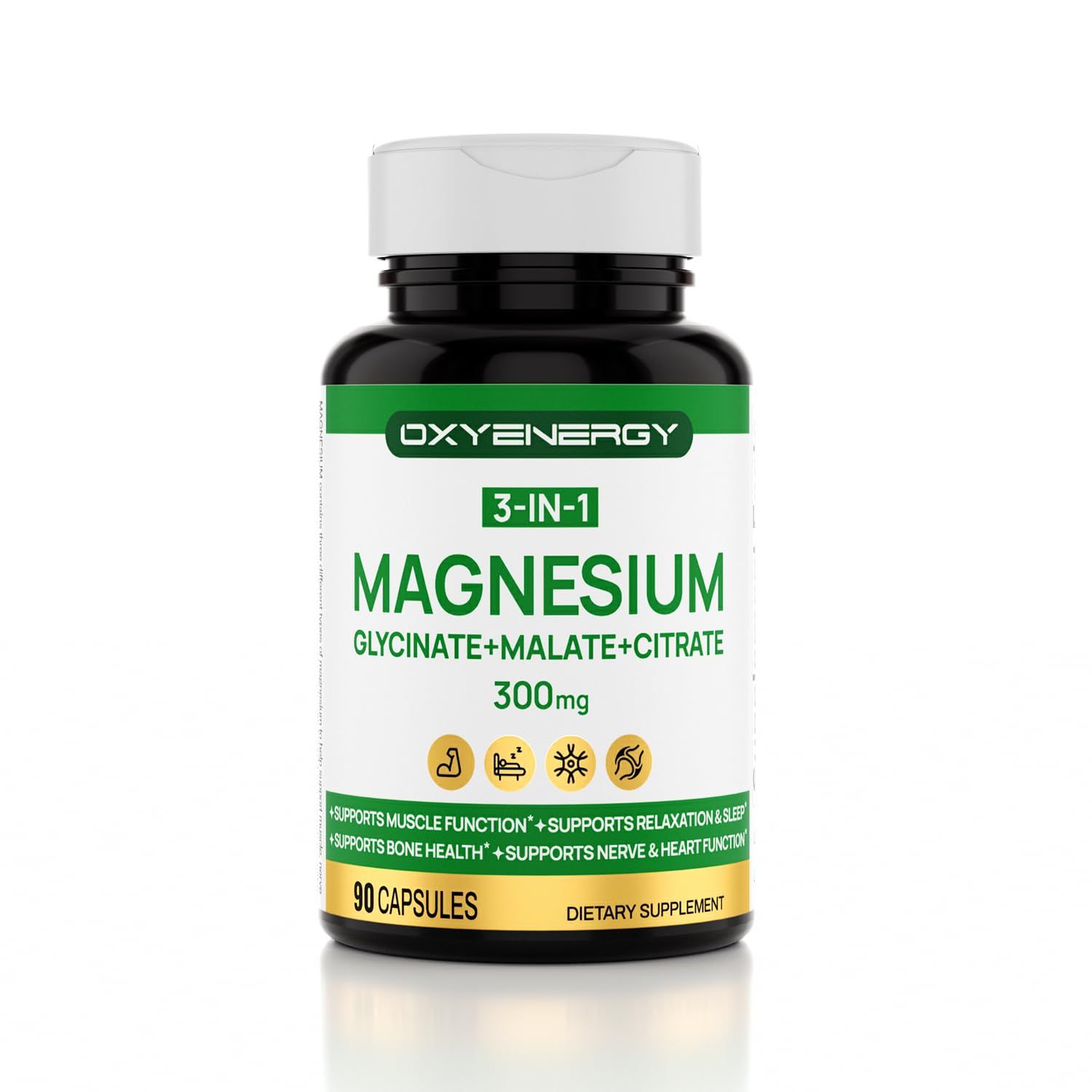 OXYENERGY 3 in 1 Magnesium Complex Supplement, Triple Magnesium Capsules 300mg with Glycinate Malate Citrate, Chelated, Vegan, High Absorption and Bioavailability, 90 Capsules