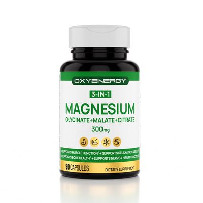 OXYENERGY 3 in 1 Magnesium Complex Supplement, Triple Magnesium Capsules 300mg with Glycinate Malate Citrate, Chelated, Vegan, High Absorption and Bioavailability, 90 Capsules