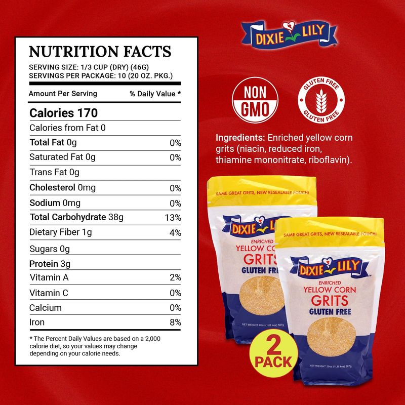 Dixie Lily Yellow Grits with Recipe Card - Pack of 2 - Dixie Lily Yellow Corn Grits, Dixie Grits - 2 x 20 oz packs