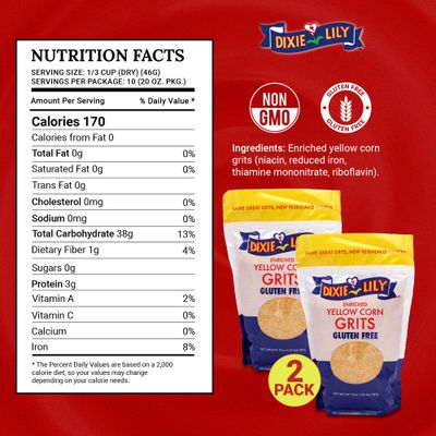 Dixie Lily Yellow Grits with Recipe Card - Pack of 2 - Dixie Lily Yellow Corn Grits, Dixie Grits - 2 x 20 oz packs