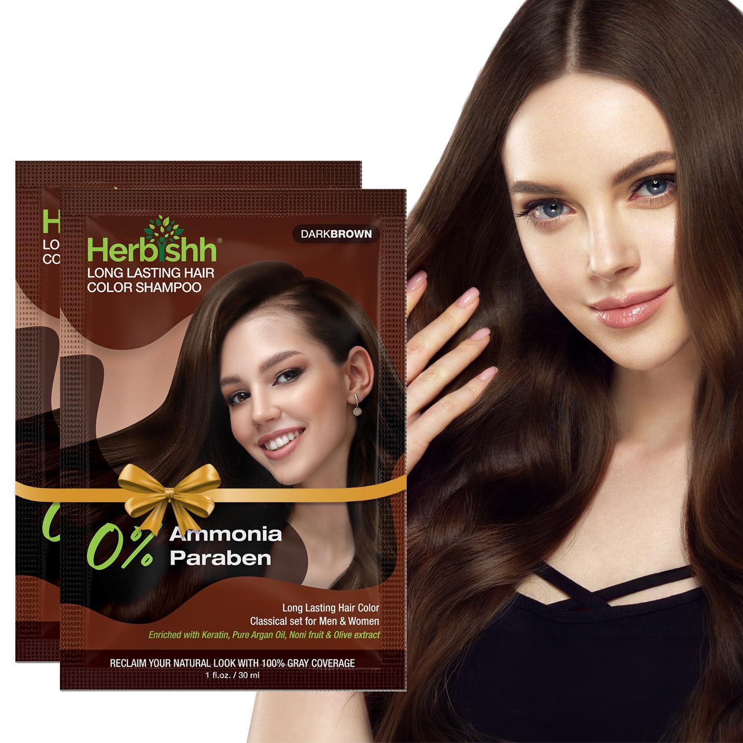 Herbishh Dark Brown Shampoo for Gray Hair, Hair Dye Shampoo 3 in 1, 100 Grey Coverage, Instant Permanent Shampoo for Men Women, Long-lasting Travel-friendly, Ammonia-free, 30 ml (Pack of 2)