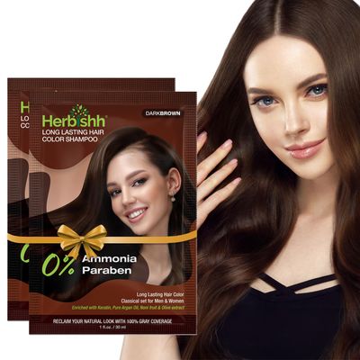 Herbishh Dark Brown Shampoo for Gray Hair, Hair Dye Shampoo 3 in 1, 100 Grey Coverage, Instant Permanent Shampoo for Men Women, Long-lasting Travel-friendly, Ammonia-free, 30 ml (Pack of 2)