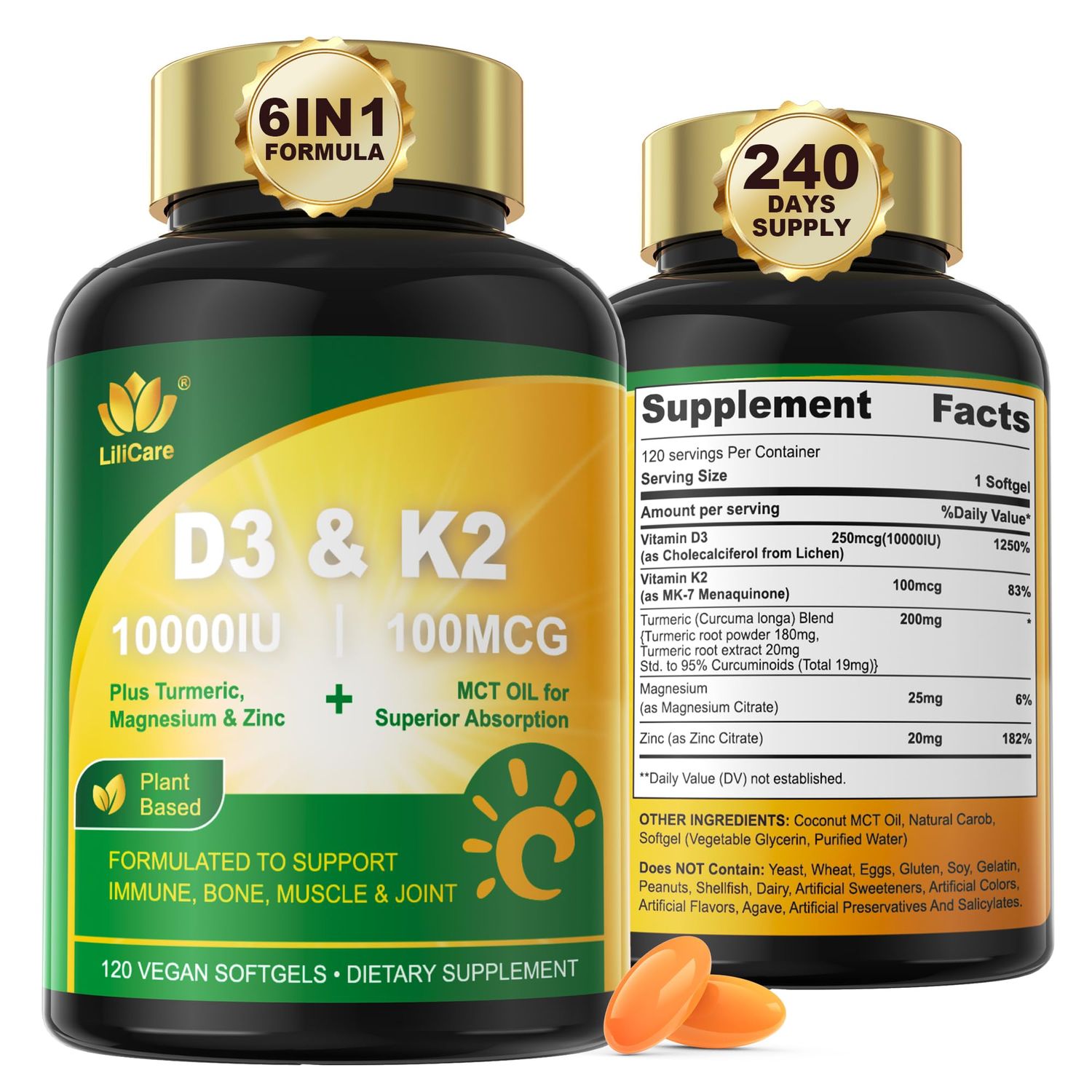 Liposomal Vitamin D3 K2, Vitamin D3 10000 IU w Vitamin K2 (MK-7), Turmeric, MCT Oil, Magnesium Zinc for Max Calcium Absorption, D3 and K2 Supplements for Bone, Joint, Moo-d Immune, Vegan, 240Cts