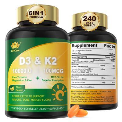 Liposomal Vitamin D3 K2, Vitamin D3 10000 IU w Vitamin K2 (MK-7), Turmeric, MCT Oil, Magnesium Zinc for Max Calcium Absorption, D3 and K2 Supplements for Bone, Joint, Moo-d Immune, Vegan, 240Cts