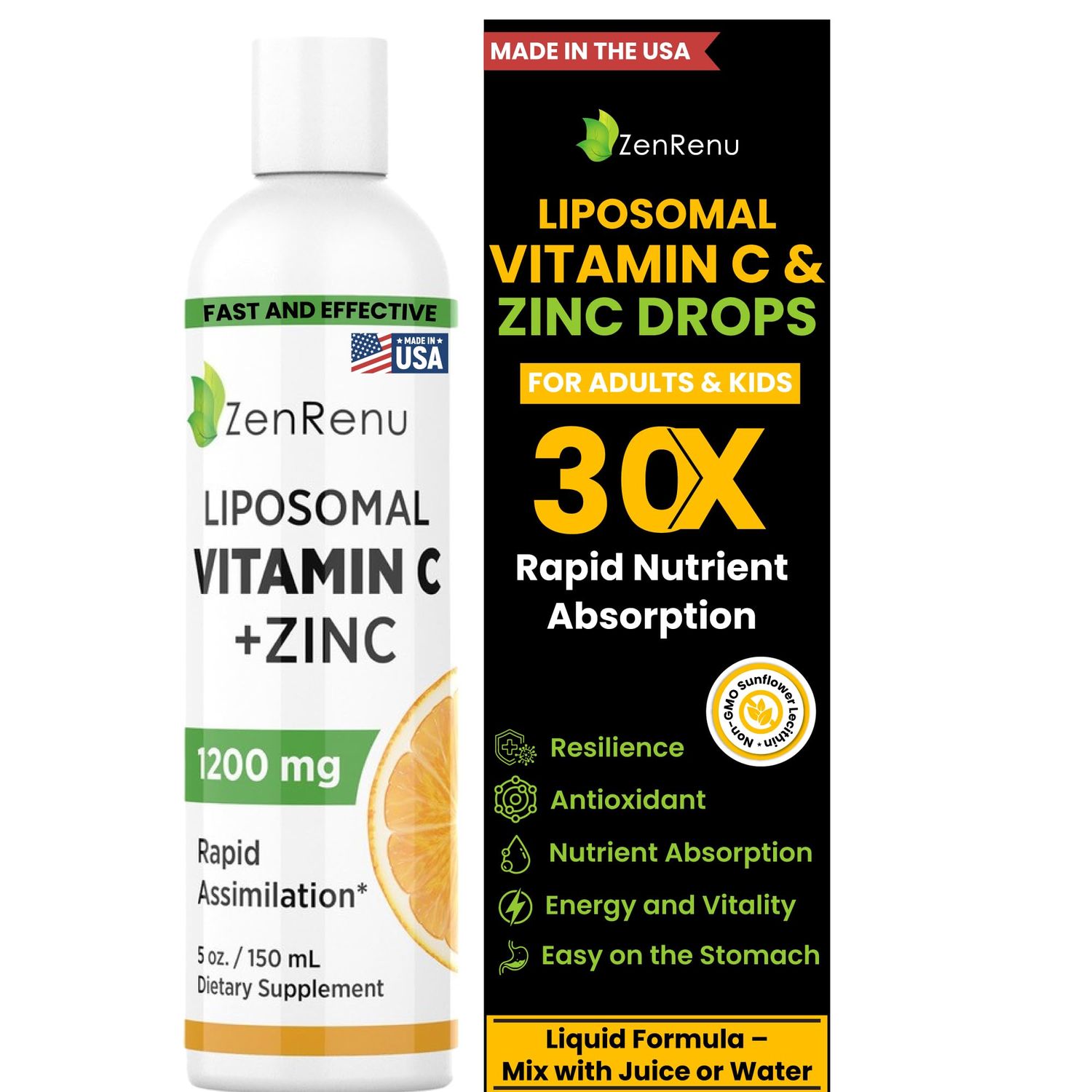 Zenrenu Liposomal Vitamin C and Zinc Liquid Drink for Adults Kids - Non GMO Sunflower Lecithin - Max Antioxidant Immune Support, 5 oz 150 ml