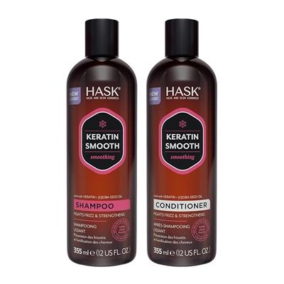 HASK Keratin Smoothing Shampoo Conditioner Set for All Hair Types, Color Safe, Gluten-Free, Sulfate-Free, Paraben-Free, Cruelty-Free - 1 Shampoo and 1 Conditioner