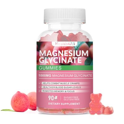 Magnesium Glycinate Gummies 1000mg, High Absorption Sugar Free Magnesium Potassium Supplement for Relaxation, Stress Relief, and Sleep Support for Adults Kids - 90 Peach Gummies