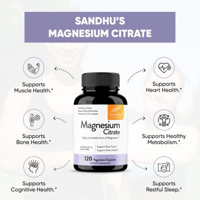 Sandhu's Magnesium Citrate Highly Absorbable Gluten, Soy Diary Free No Fillers 120 Vegetarian Capsules