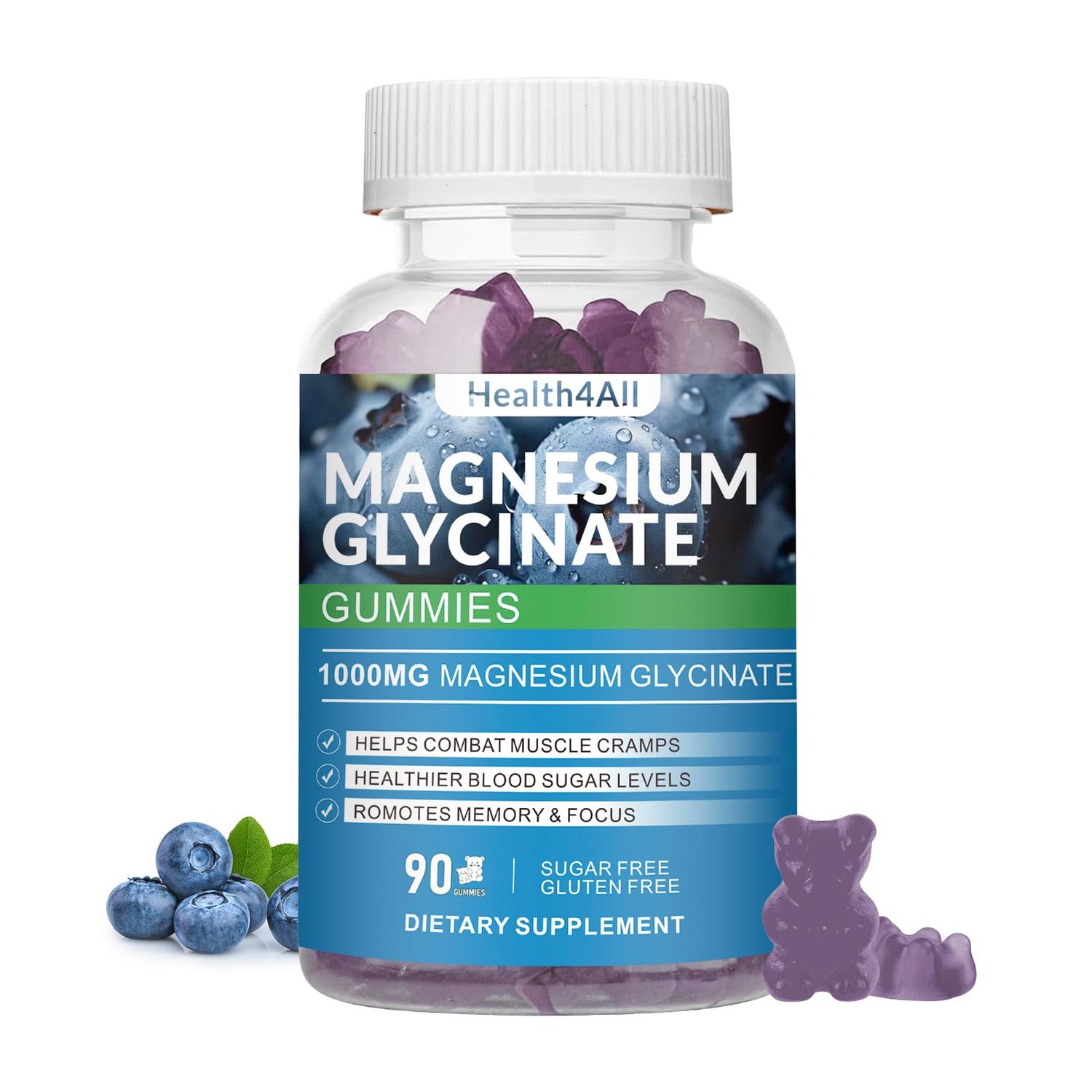 Magnesium Glycinate Gummies 1000mg, High Absorption Sugar Free Magnesium Potassium Supplement for Relaxation, Stress Relief, and Sleep Support for Adults Kids (Blueberry)