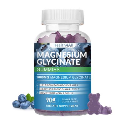 Magnesium Glycinate Gummies 1000mg, High Absorption Sugar Free Magnesium Potassium Supplement for Relaxation, Stress Relief, and Sleep Support for Adults Kids (Blueberry)