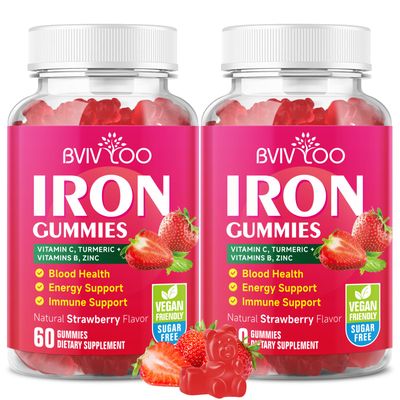 2 Pack Vegan Iron Gummies for Adults Kids - with Vitamin C, A, B-Complex, Folate, Zinc, and Biotin - for Blood Building Energy Support, 120 Gummies