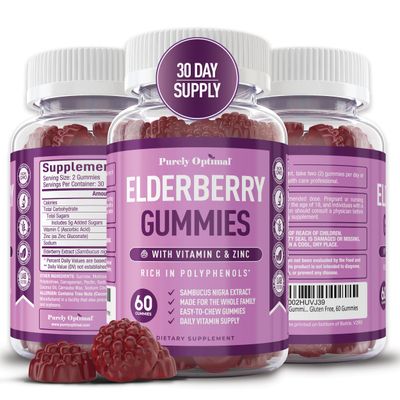 Purely Optimal Elderberry Gummies - Immune Support Supplement with Vitamin C Zinc, Organic Black Elderberry Extract, Vegan, Non-GMO, Gluten-Free, 60 Count