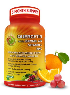 Quercetin with Bromelain Vitamin C and Zinc Enriched with Organic Whole Foods - 1215mg per Serving - Quercetin Phytosome 500mg Capsules with Ginger and Flavonoids for Immune Support - 180 count